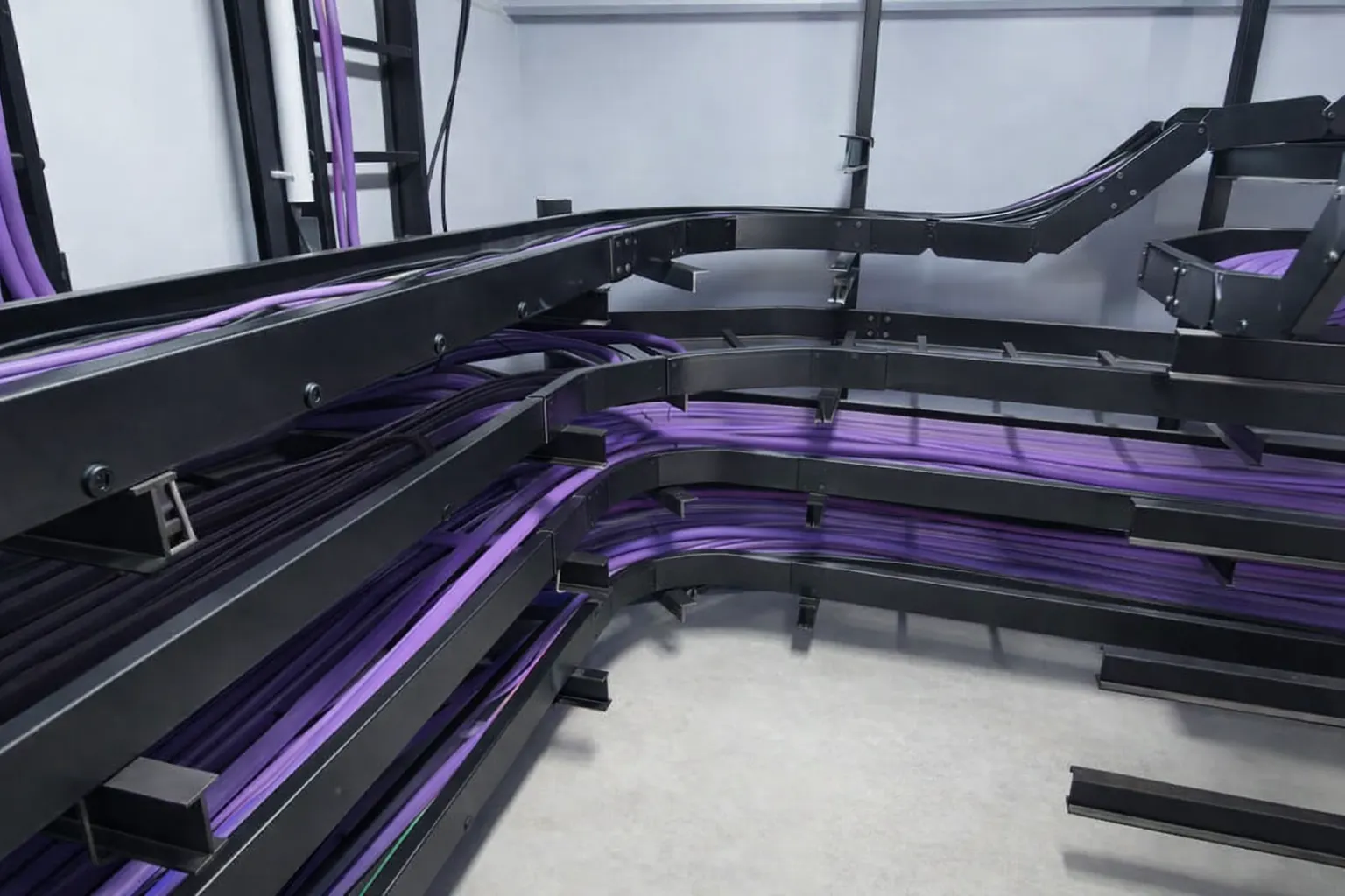 Racks y tramos de bandejas portacables en planta y en interior.